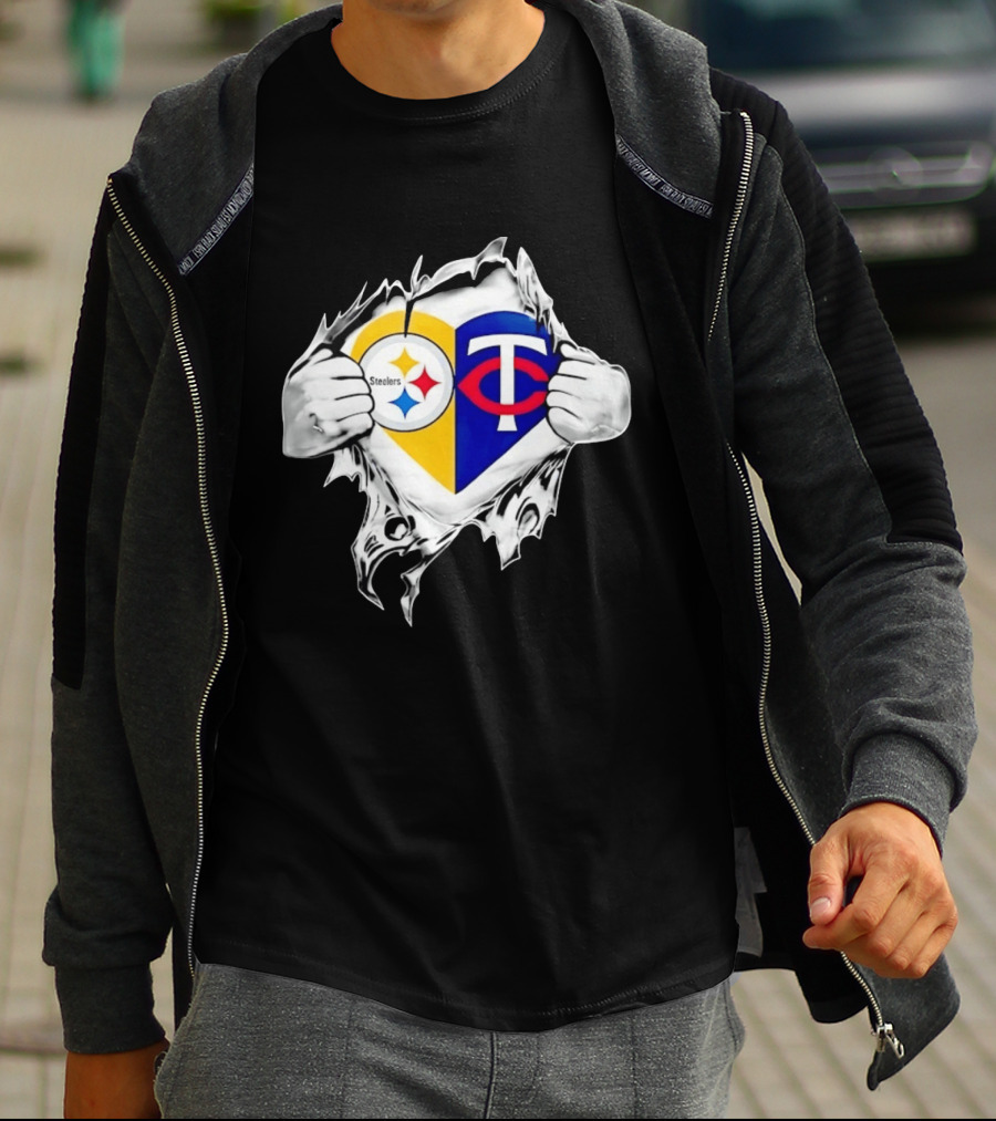 Pittsburgh Steelers Minnesota Twins Heart Superman Chest Rip T-Shirt