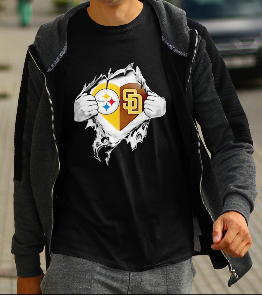 Pittsburgh Steelers San Diego Padres Heart Superman Chest Rip T-Shirt