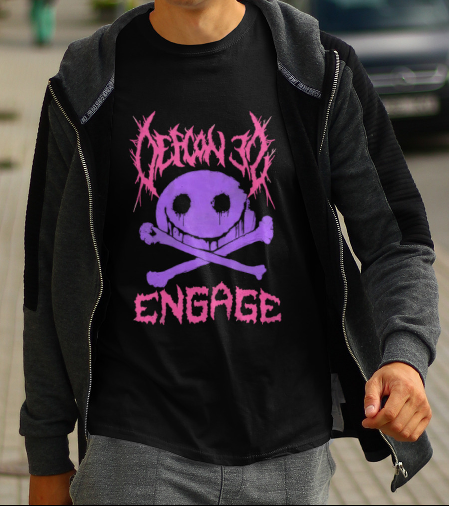 Defcon 30 Engage Purple Metal Skull Smiley T-Shirt