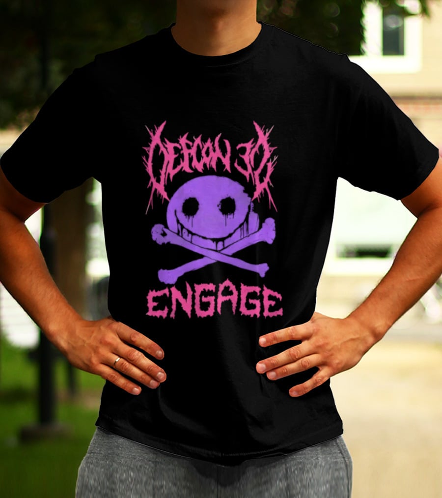 Defcon 30 Engage Purple Metal Skull Smiley T-Shirt
