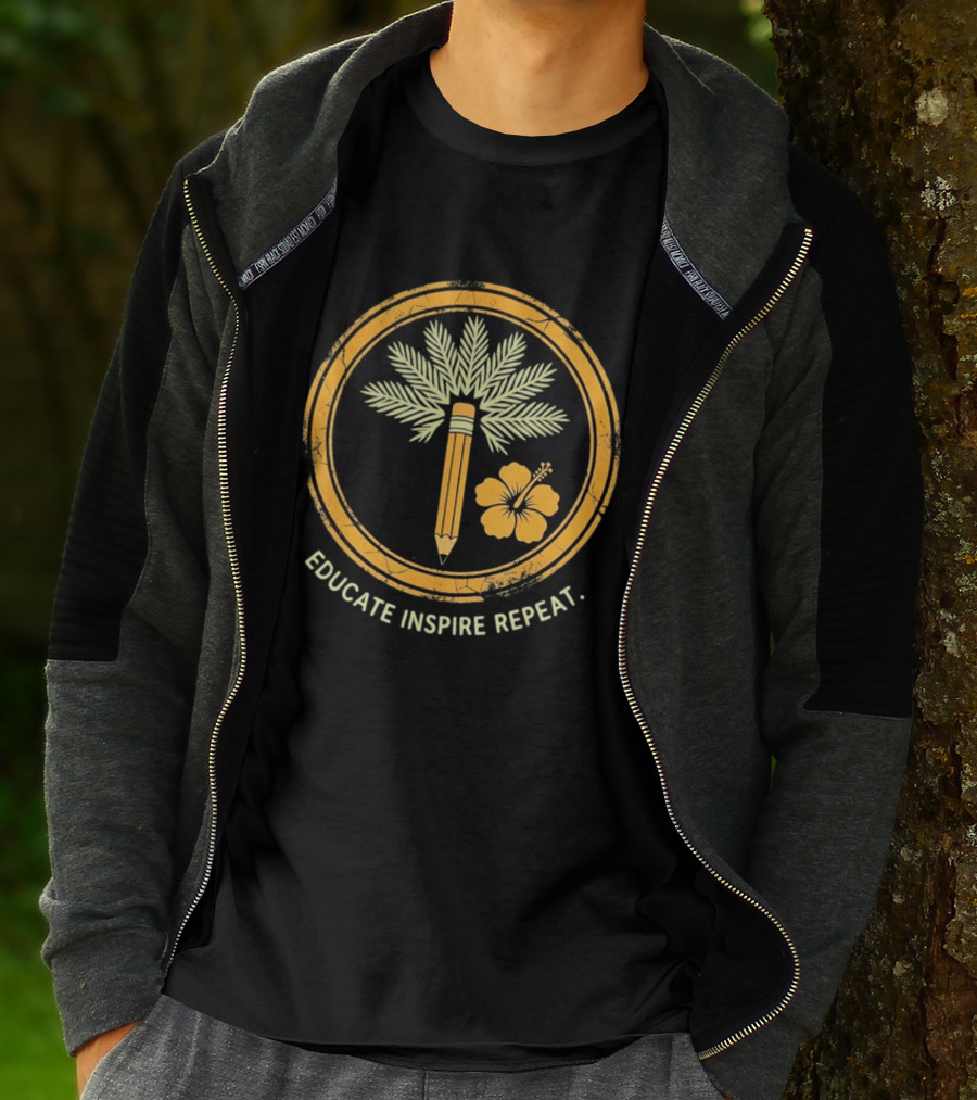 Distressed Educate Inspire Repeat Palm Tree Pencil Hibiscus T-Shirt
