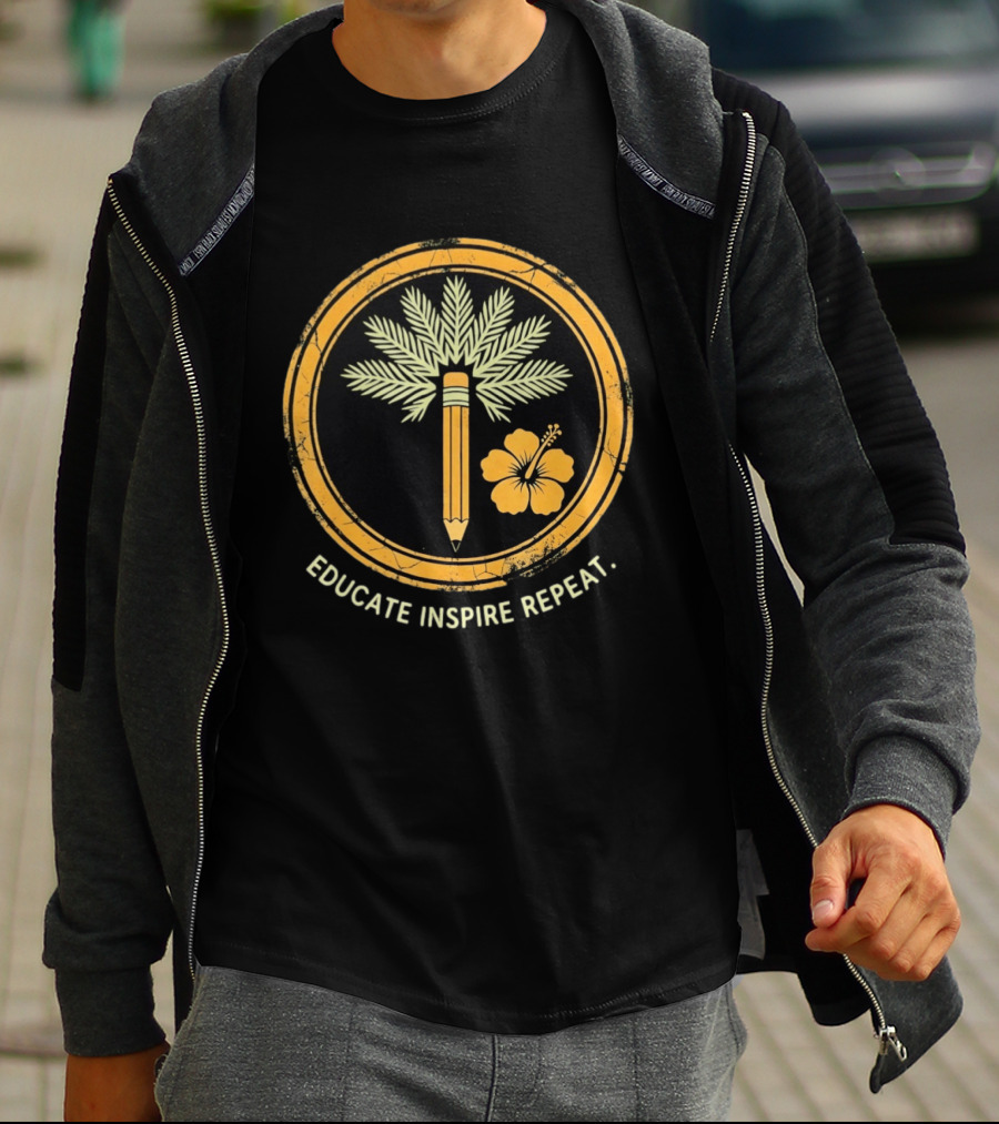 Distressed Educate Inspire Repeat Palm Tree Pencil Hibiscus T-Shirt