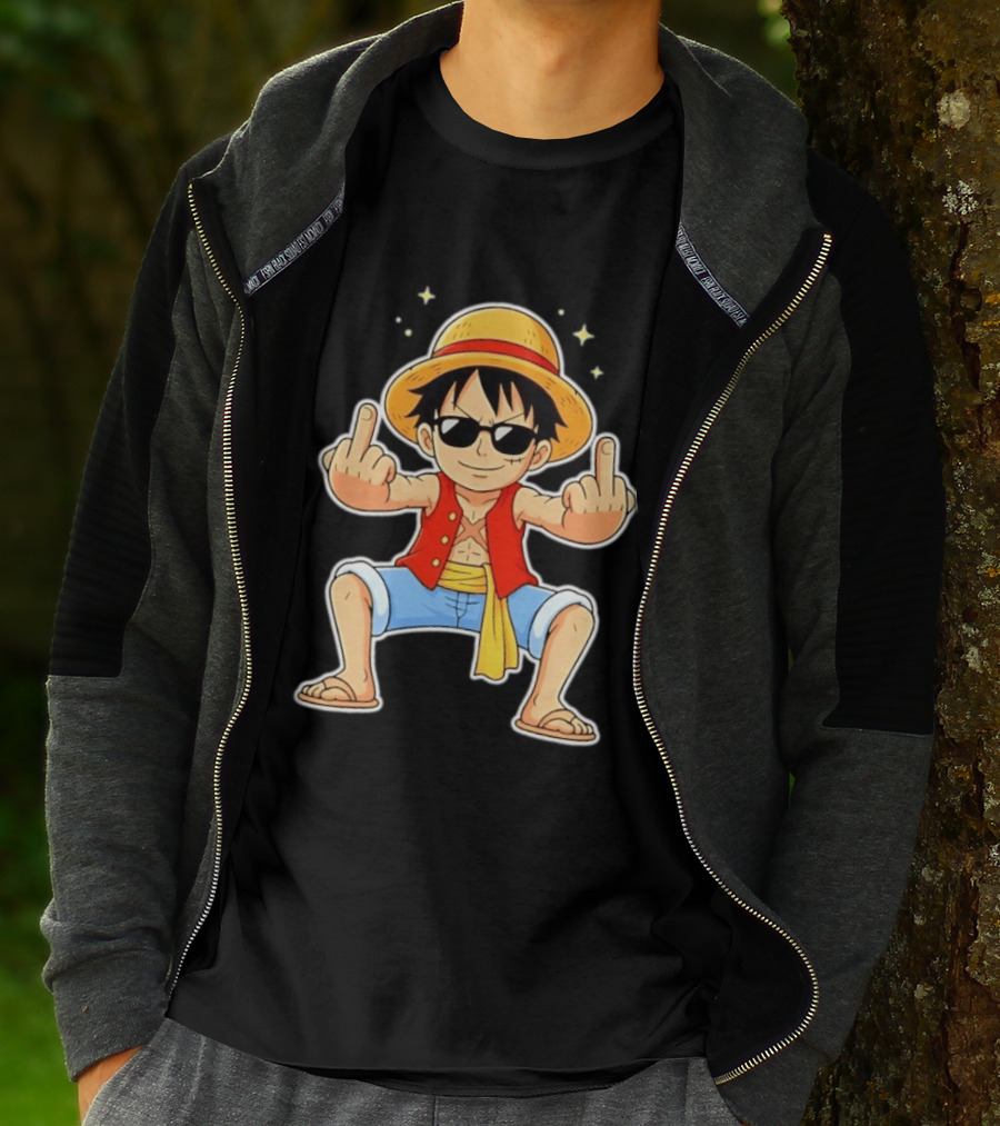 Monkey D Luffy Sunglasses Middle Finger Gesture Anime T-Shirt