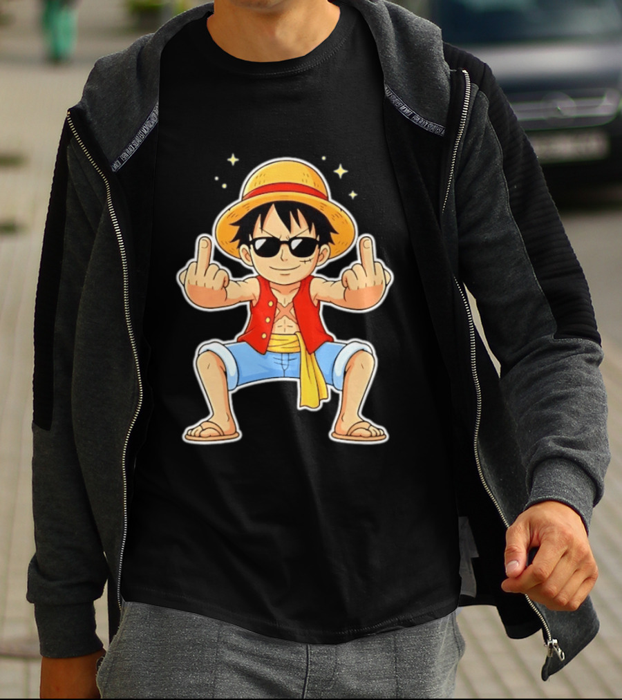 Monkey D Luffy Sunglasses Middle Finger Gesture Anime T-Shirt