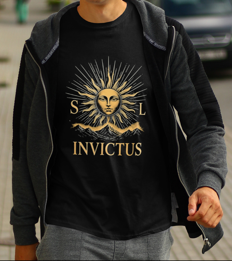 Sol Invictus Sun Face With Radiant Beams And Mountain Celestial T-Shirt