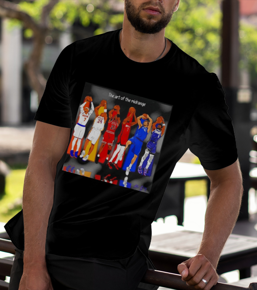 The Art Of The Midrange Basketball Legends Collage Knicks Lakers Bulls Rockets Mavericks T-Shirt