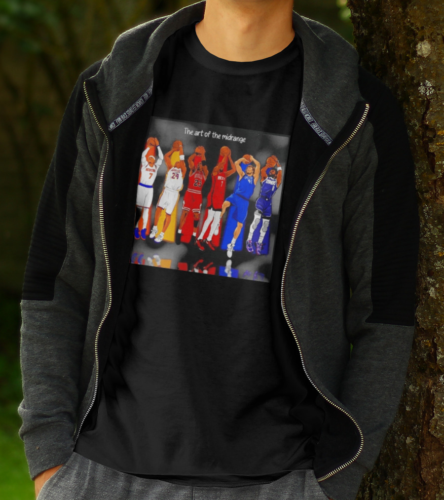 The Art Of The Midrange Basketball Legends Collage Knicks Lakers Bulls Rockets Mavericks T-Shirt