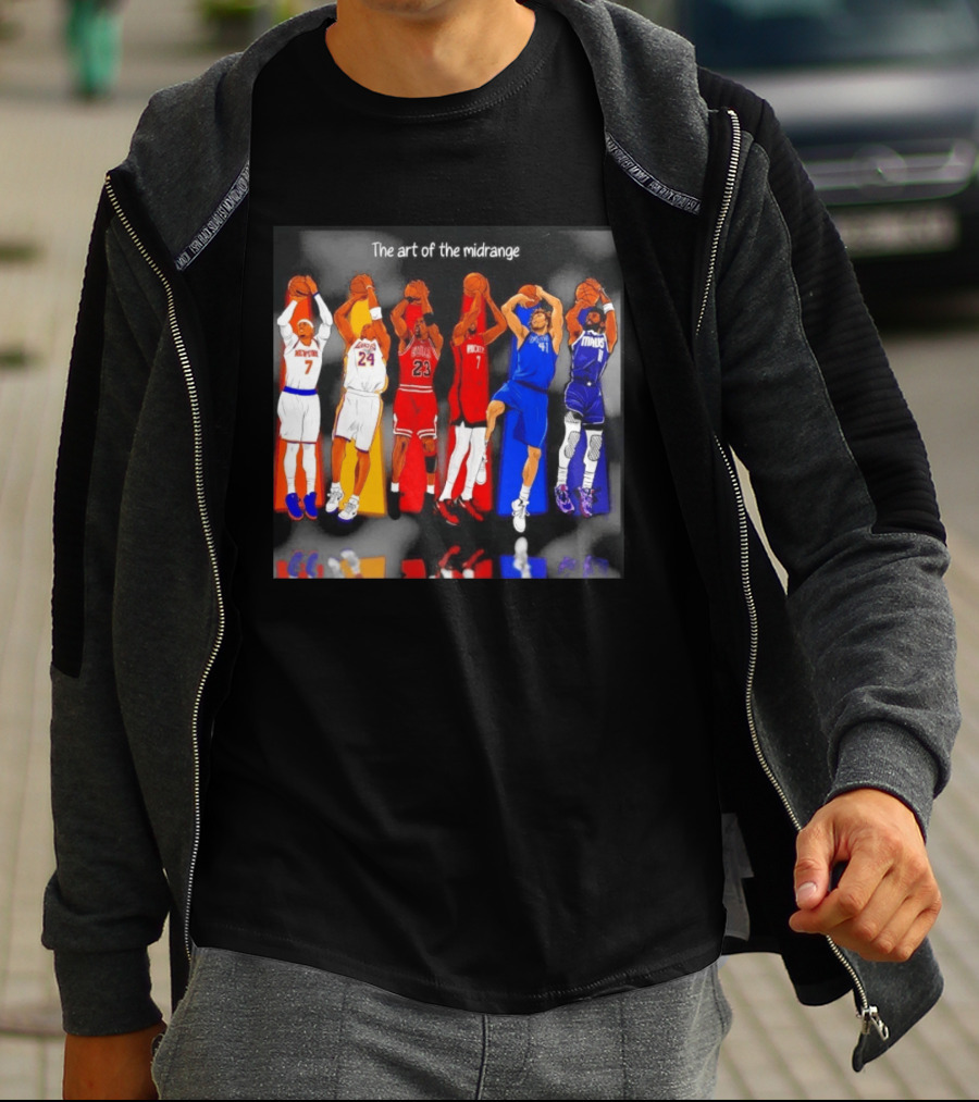 The Art Of The Midrange Basketball Legends Collage Knicks Lakers Bulls Rockets Mavericks T-Shirt