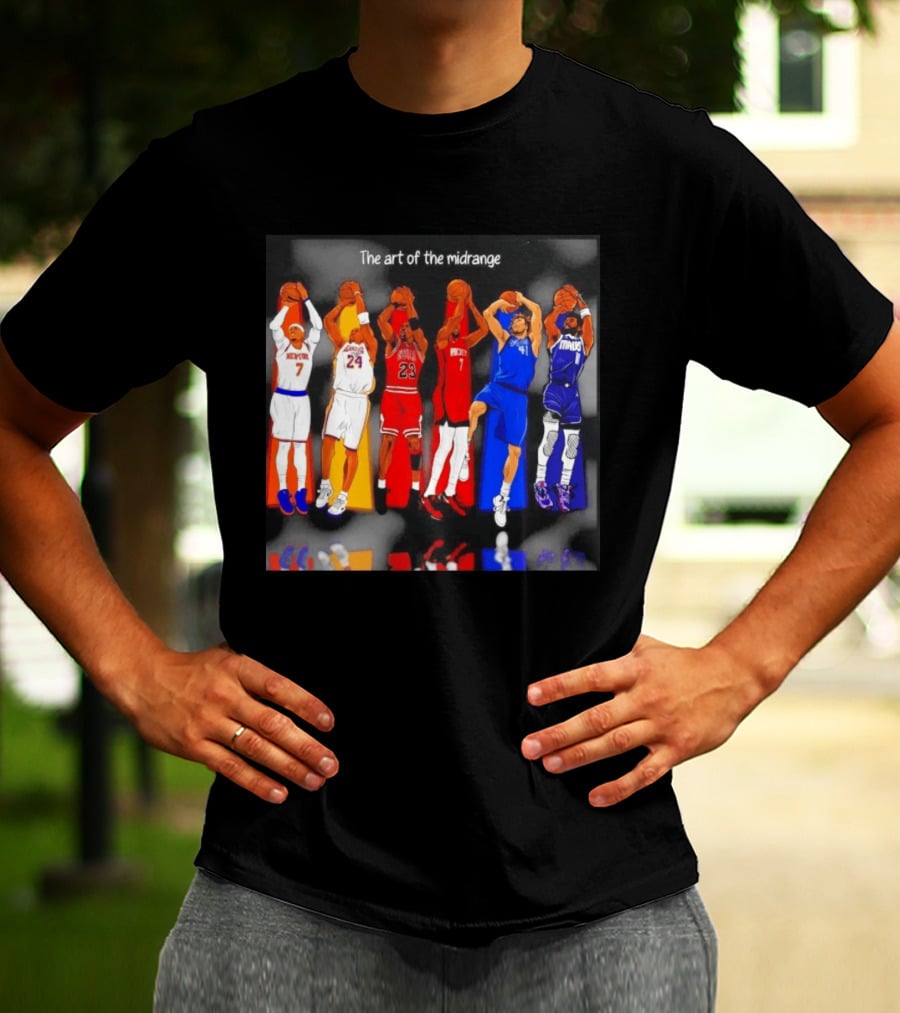 The Art Of The Midrange Basketball Legends Collage Knicks Lakers Bulls Rockets Mavericks T-Shirt
