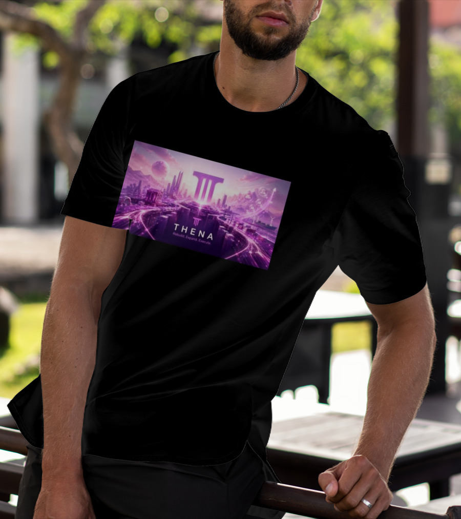 Thena Rebuild Expand Execute Futuristic Cityscape With Purple Skyline And Skyscrapers T-Shirt