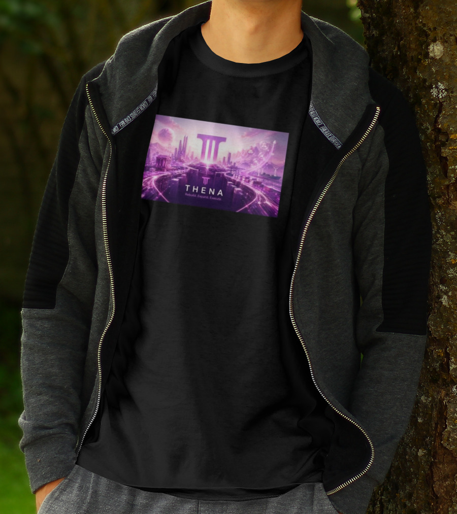 Thena Rebuild Expand Execute Futuristic Cityscape With Purple Skyline And Skyscrapers T-Shirt