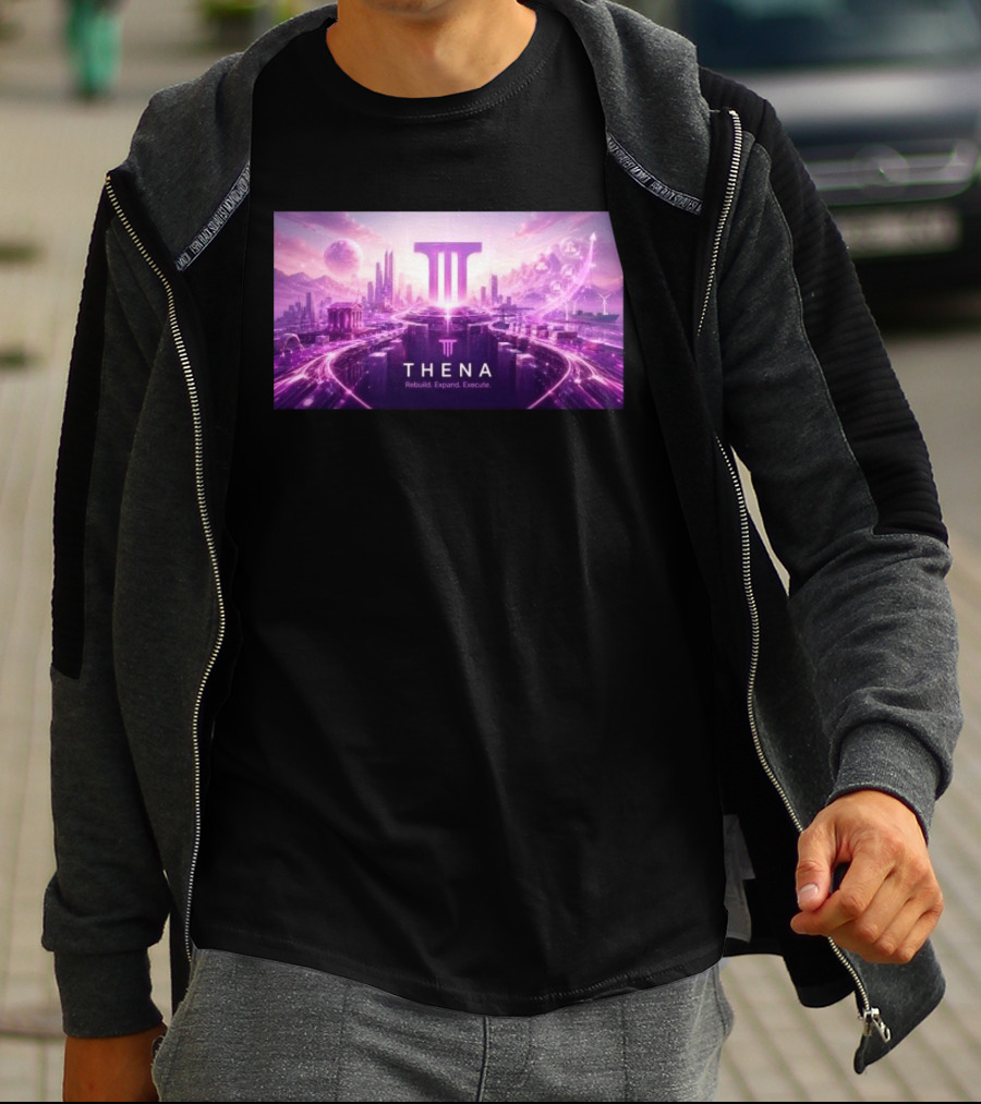 Thena Rebuild Expand Execute Futuristic Cityscape With Purple Skyline And Skyscrapers T-Shirt