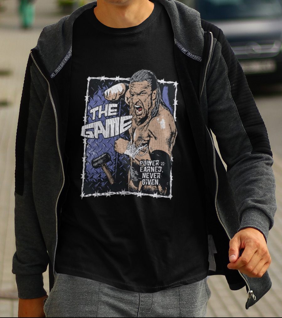 Triple H The Game WWE Power Is Earned Never Given Barbed Wire Signature Sledgehammer T-Shirt