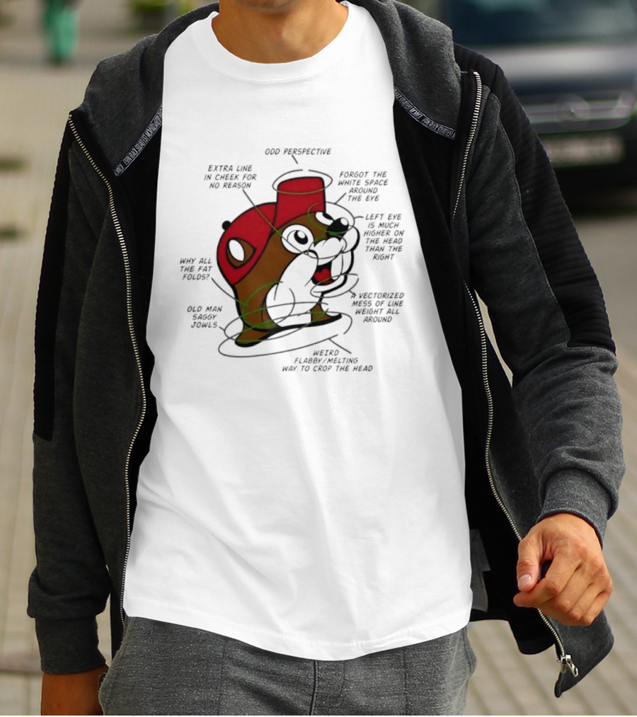Beaver Cartoon Anatomy Critique Buc Ee's Extra Chin Humor Perspective Analysis T-Shirt