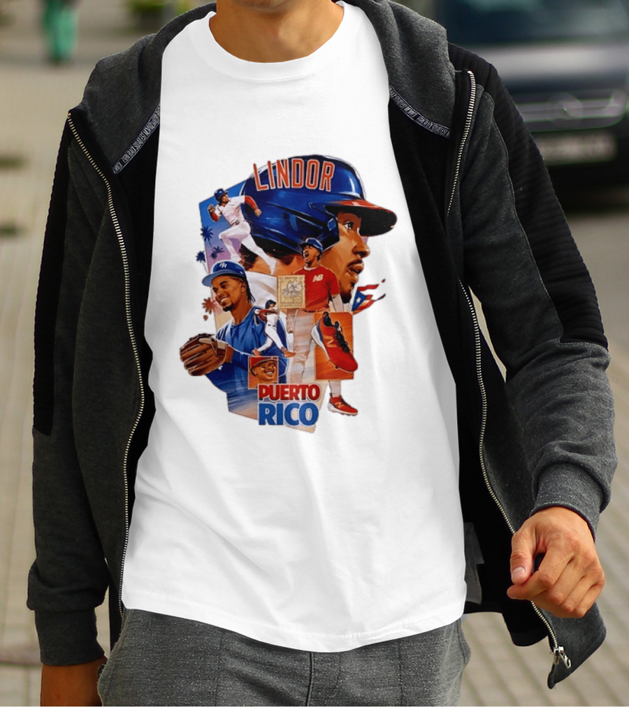 Francisco Lindor Puerto Rico New York Mets Baseball Legend Blue And Orange Helmet Dynamic Action Moves T-Shirt