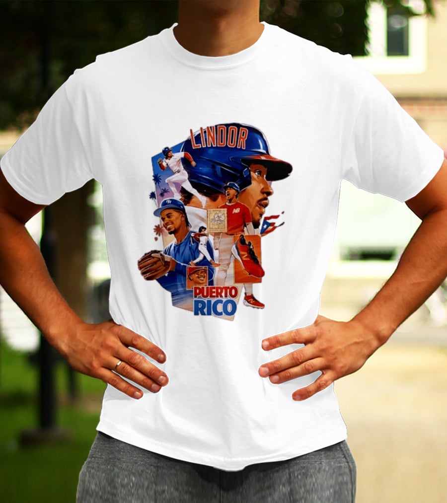 Francisco Lindor Puerto Rico New York Mets Baseball Legend Blue And Orange Helmet Dynamic Action Moves T-Shirt