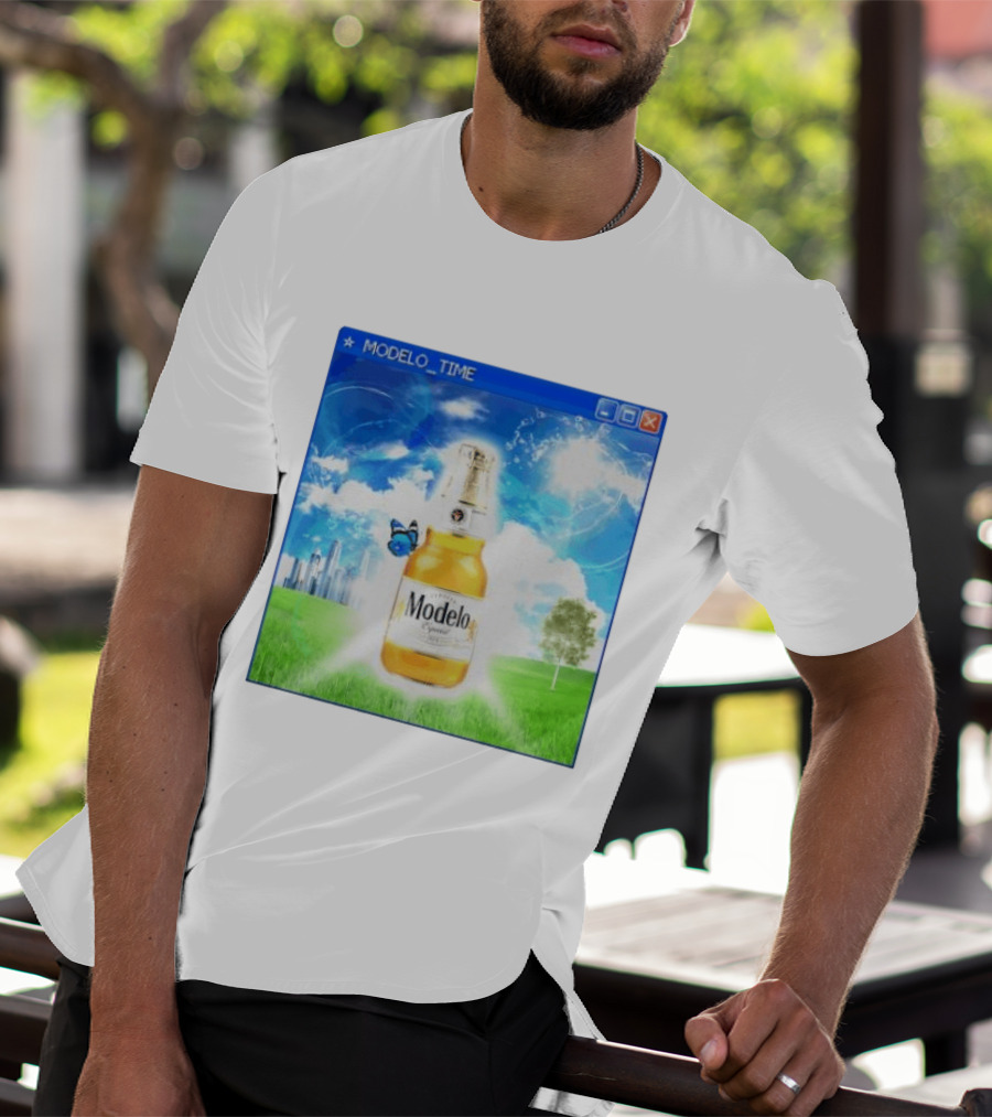 Modelo Time Frutiger Aero Aesthetic Butterfly Bottle Clouds Cityscape T-Shirt
