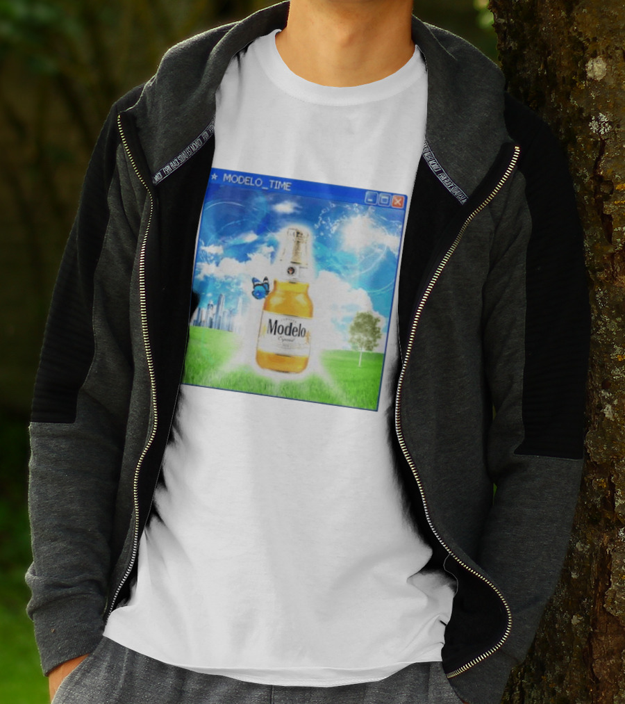 Modelo Time Frutiger Aero Aesthetic Butterfly Bottle Clouds Cityscape T-Shirt