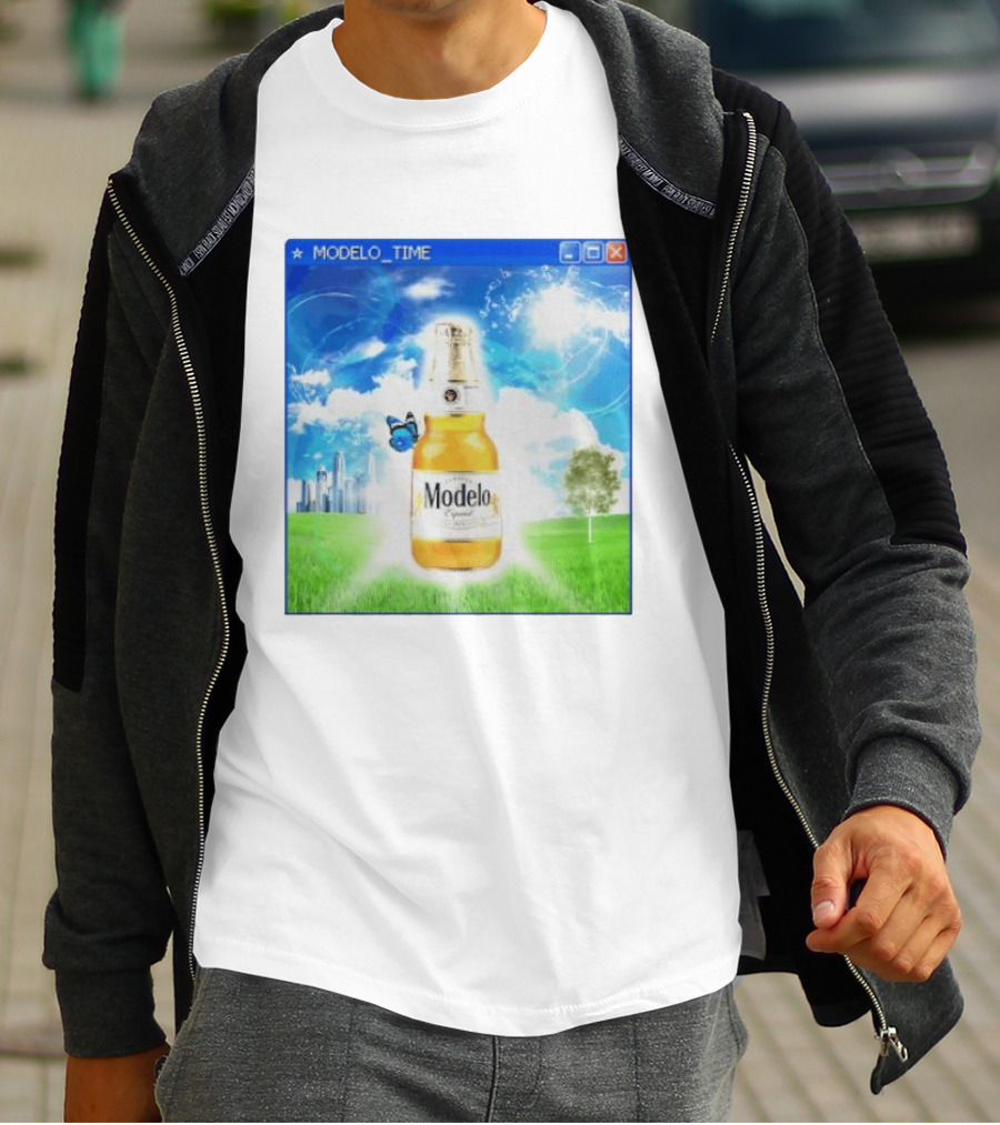 Modelo Time Frutiger Aero Aesthetic Butterfly Bottle Clouds Cityscape T-Shirt
