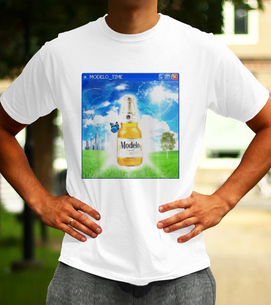 Modelo Time Frutiger Aero Aesthetic Butterfly Bottle Clouds Cityscape T-Shirt