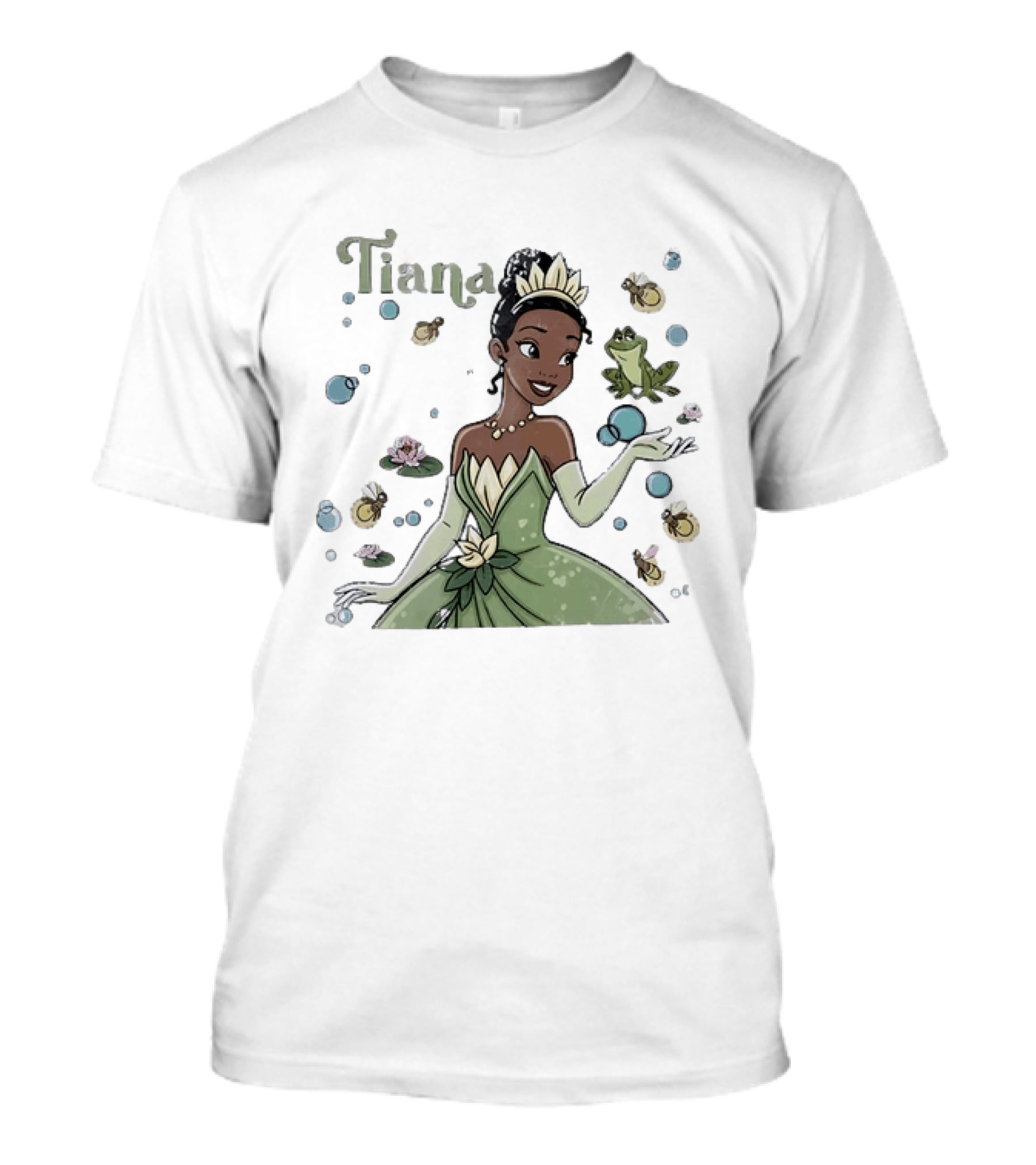 Tiana Disney Princess With Frog Fireflies And Water Lilies T-Shirt