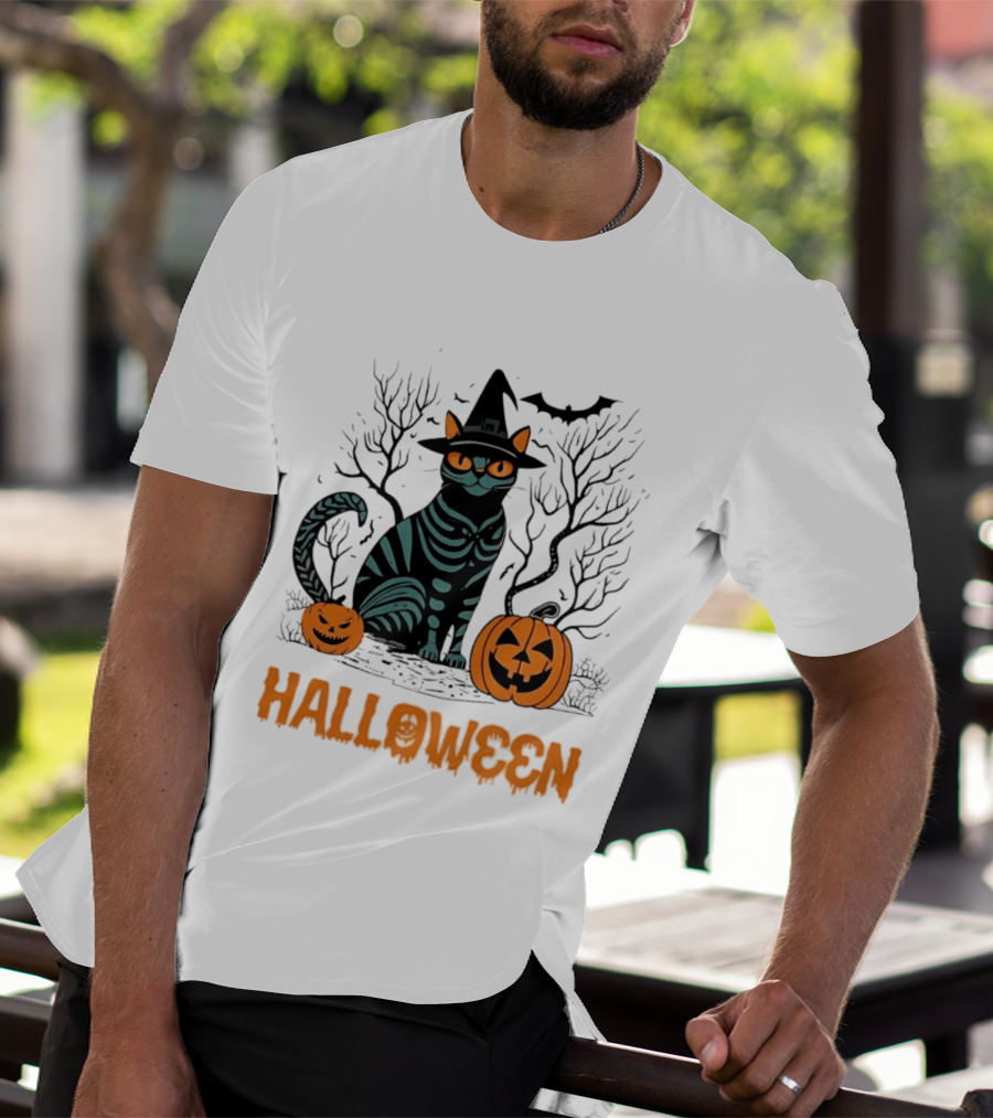 Halloween Skeleton Cat Witch Hat Pumpkins Spooky Forest Scene T-Shirt