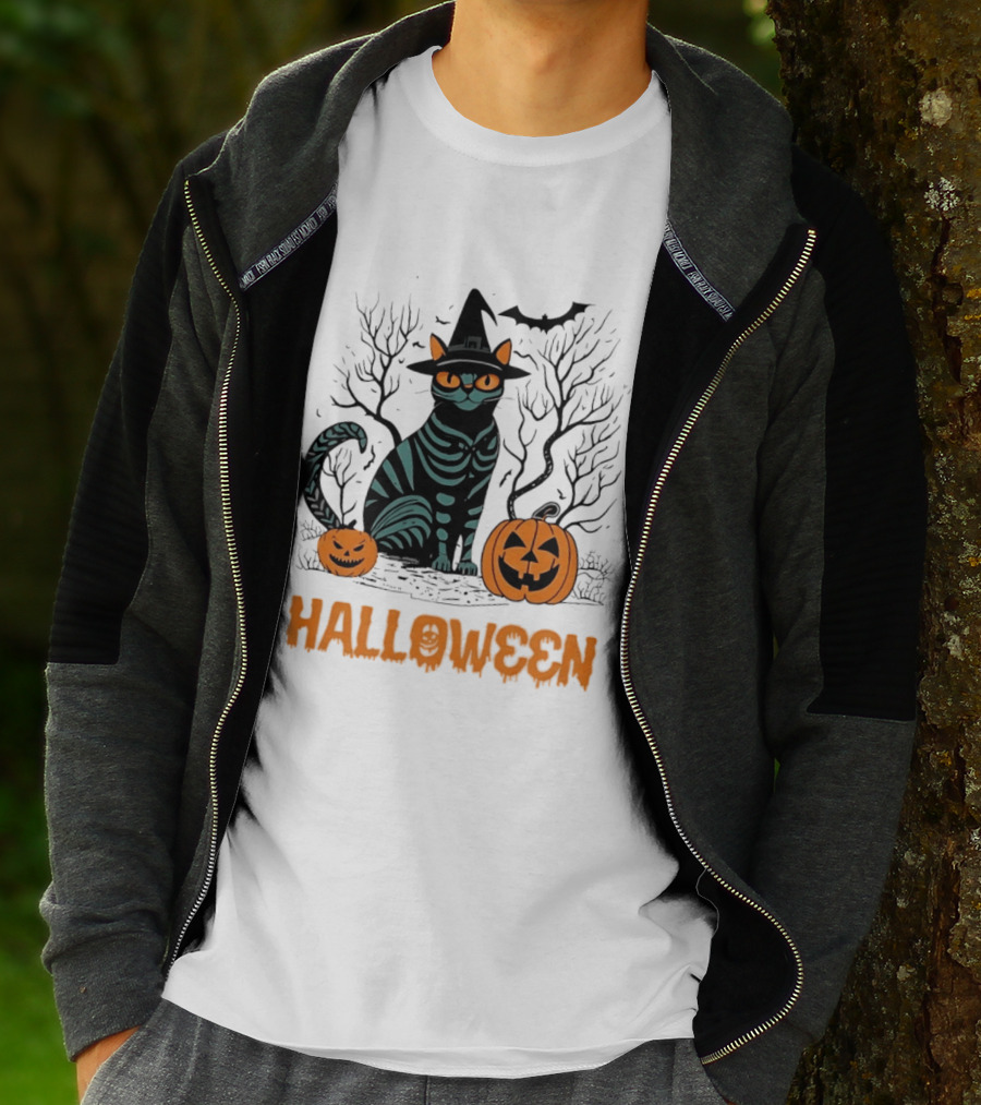 Halloween Skeleton Cat Witch Hat Pumpkins Spooky Forest Scene T-Shirt
