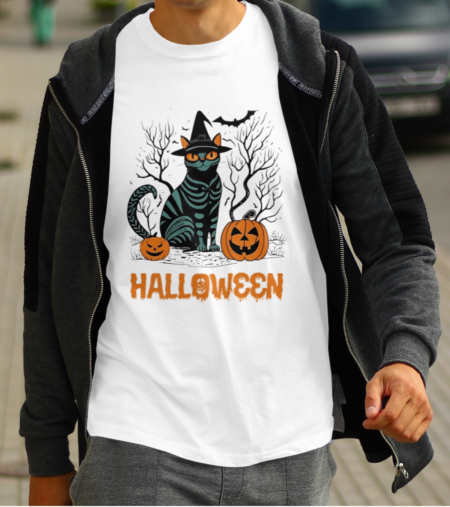 Halloween Skeleton Cat Witch Hat Pumpkins Spooky Forest Scene T-Shirt