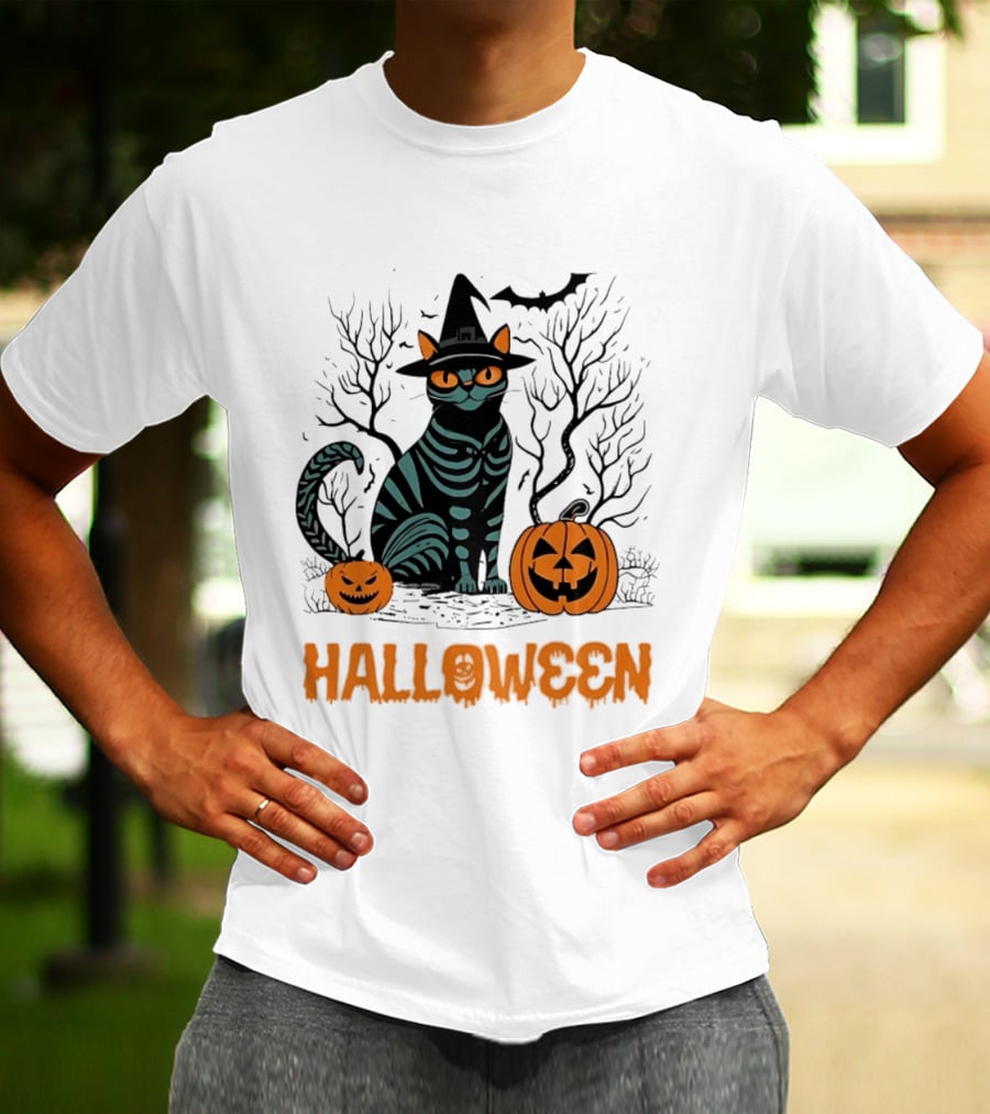 Halloween Skeleton Cat Witch Hat Pumpkins Spooky Forest Scene T-Shirt