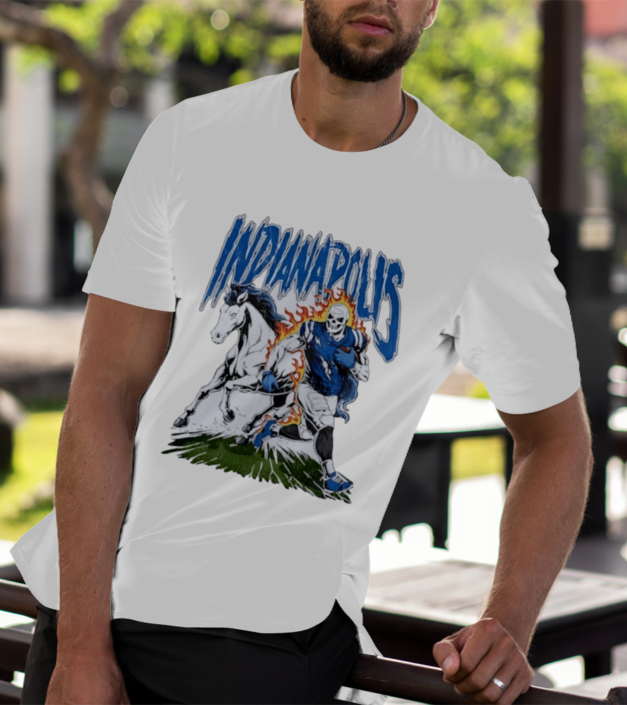 Indianapolis Football Skull And Horse Sports Flame Player Running T-Shirt