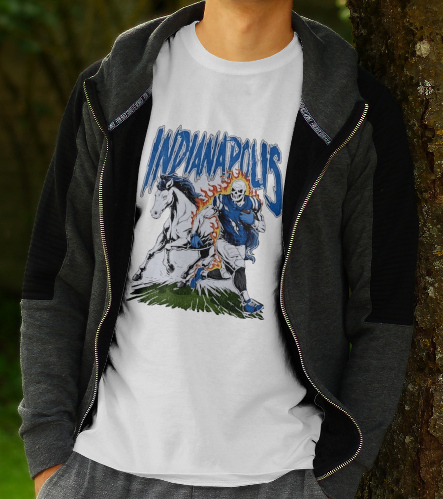 Indianapolis Football Skull And Horse Sports Flame Player Running T-Shirt