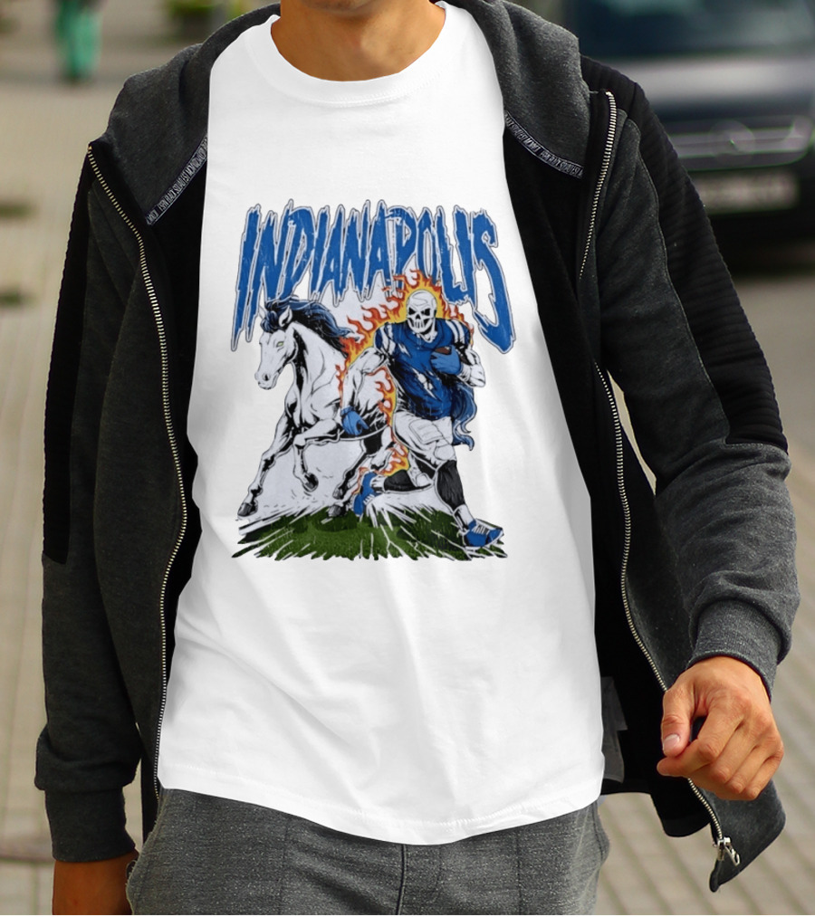 Indianapolis Football Skull And Horse Sports Flame Player Running T-Shirt