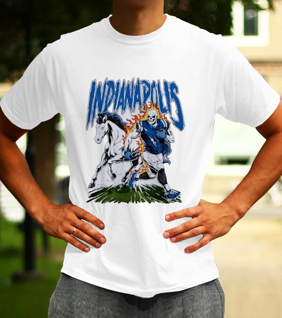 Indianapolis Football Skull And Horse Sports Flame Player Running T-Shirt