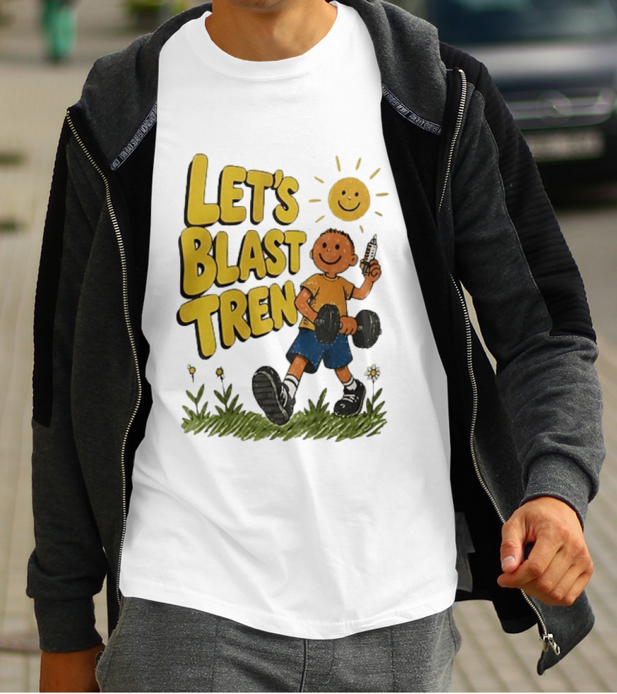 Let's Blast Tren Bodybuilding Fitness Workout Cartoon Dumbbell Sun T-Shirt