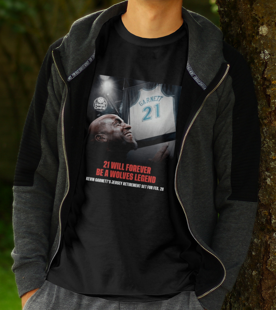 Kevin Garnett 21 Will Forever Be A Wolves Legend Jersey Retirement Feb 28 Hoops Central T-Shirt