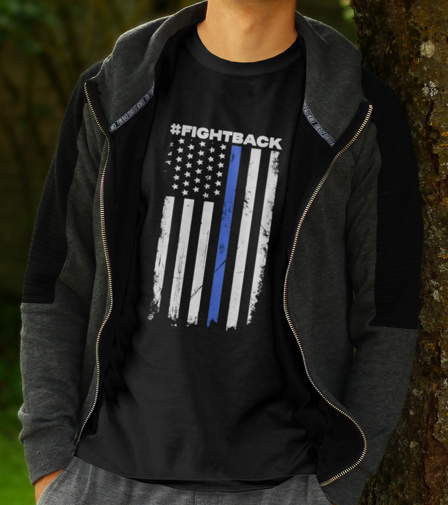 #Fightback Distressed Thin Blue Line American Flag T-Shirt