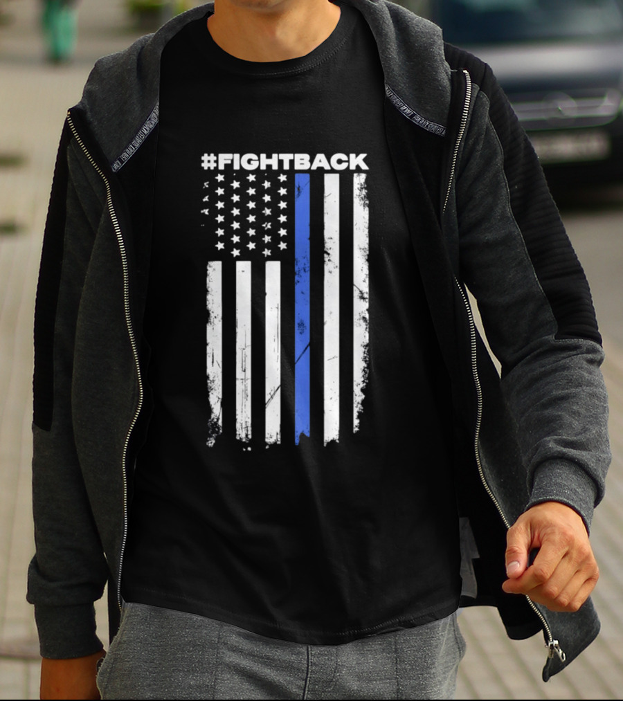 #Fightback Distressed Thin Blue Line American Flag T-Shirt