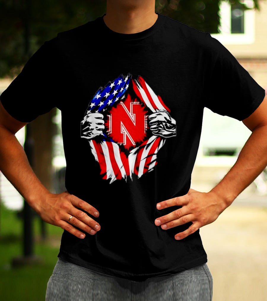 Nebraska Cornhuskers N Logo Ripped American Flag T-Shirt