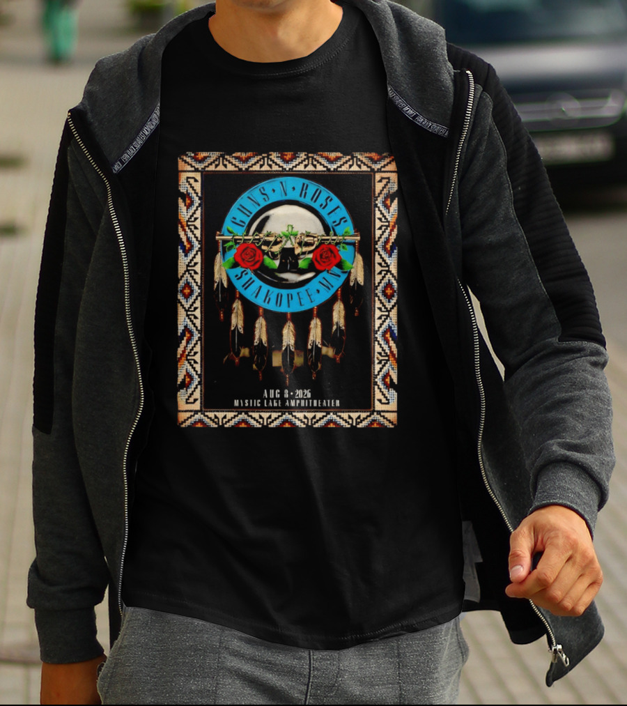 Guns N' Roses Shakopee MN August 8 2026 Mystic Lake Amphitheater Beaded Border Feathers Roses T-Shirt