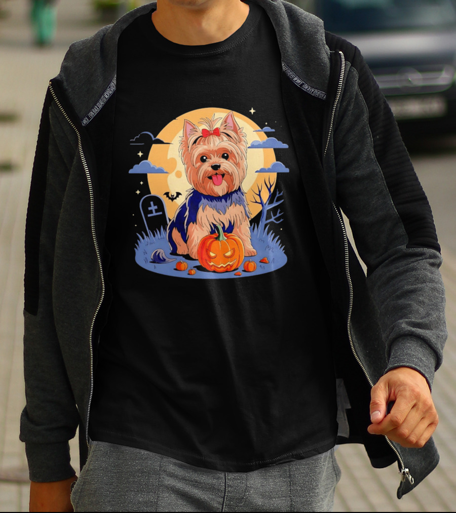 Yorkshire Terrier With Pumpkin On Spooky Halloween Night T-Shirt