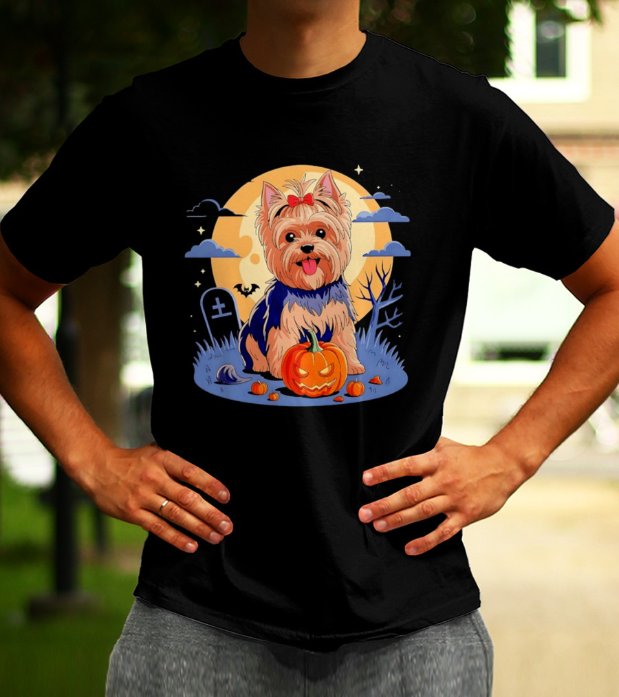 Yorkshire Terrier With Pumpkin On Spooky Halloween Night T-Shirt