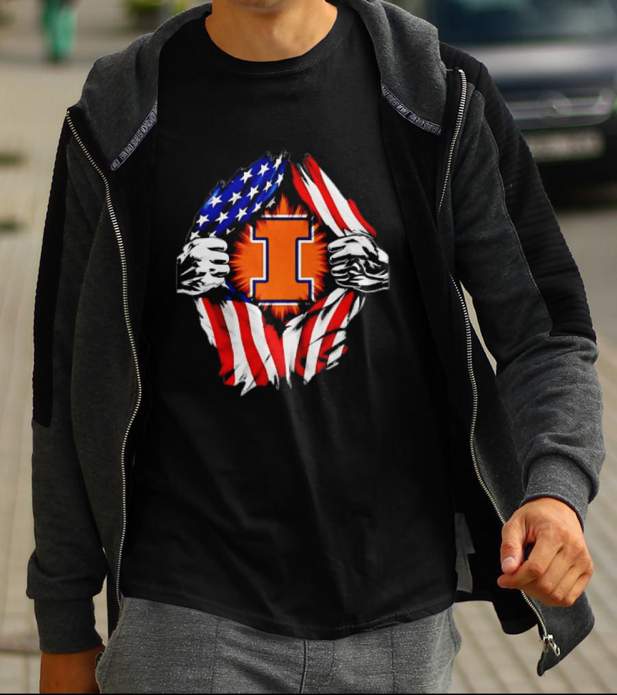 Illinois Fighting Illini I Letter American Flag Patriotic Rip T-Shirt