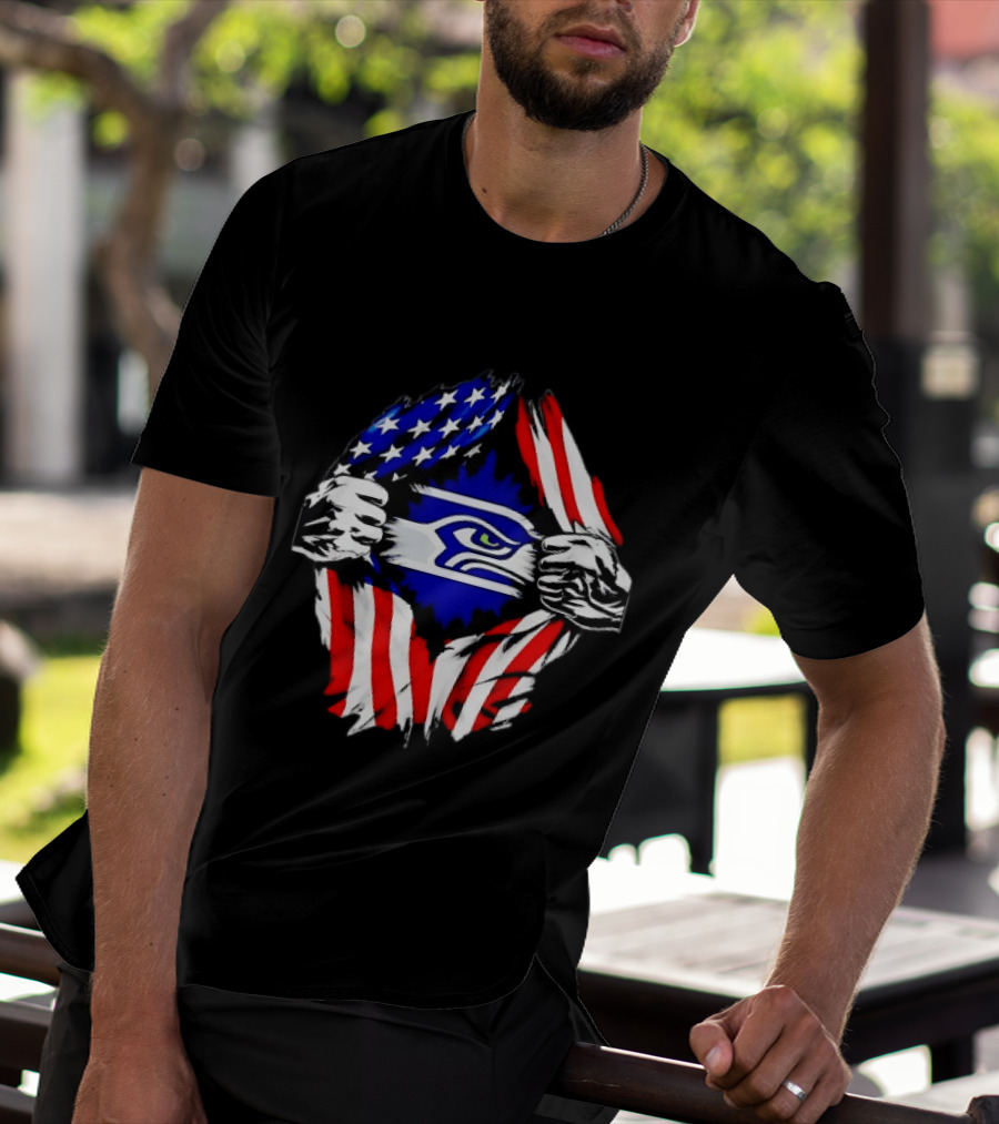 Seattle Seahawks American Flag Ripped Chest USA Fan Gear T-Shirt