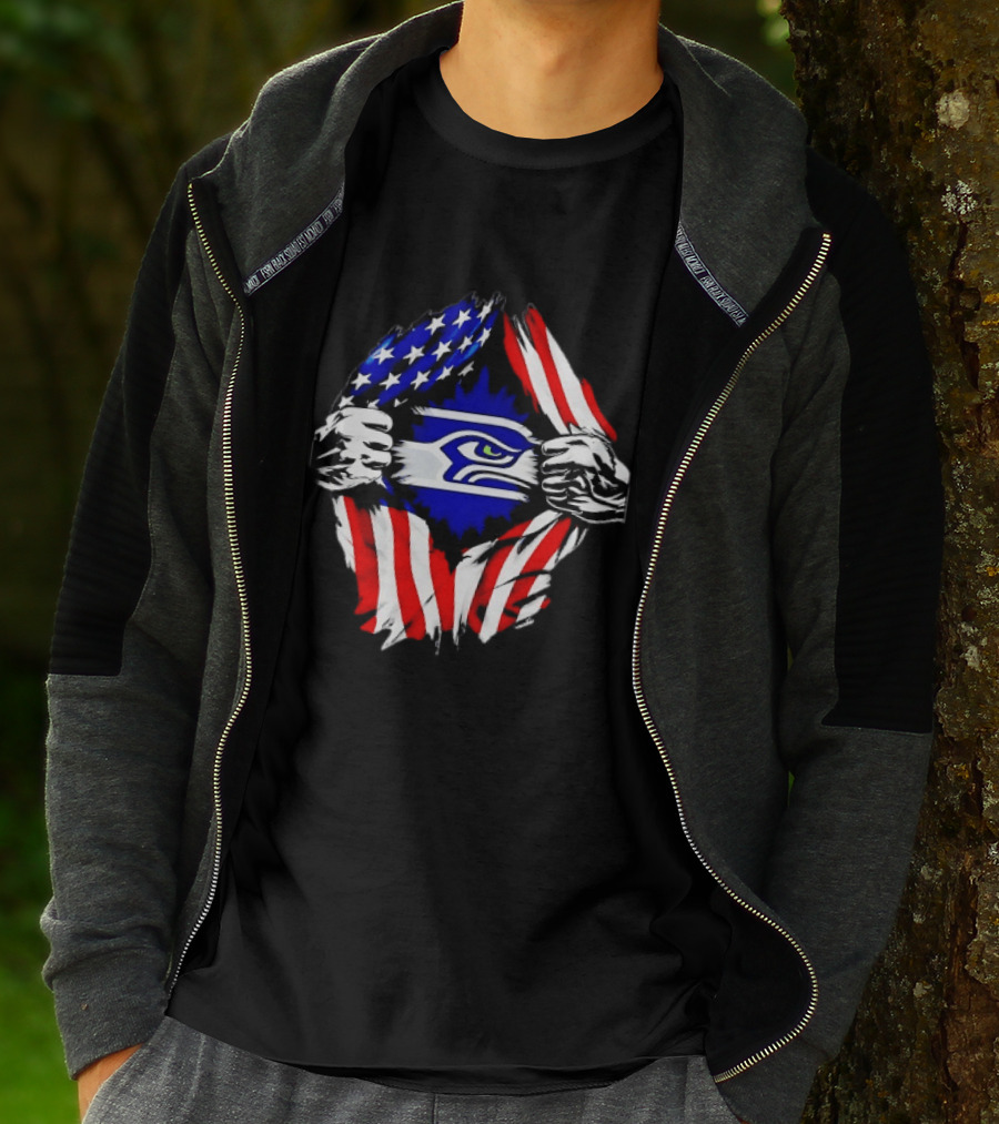 Seattle Seahawks American Flag Ripped Chest USA Fan Gear T-Shirt