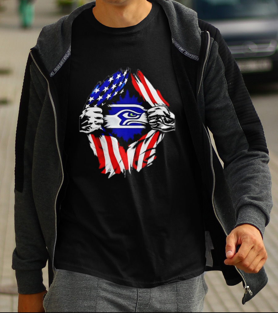 Seattle Seahawks American Flag Ripped Chest USA Fan Gear T-Shirt