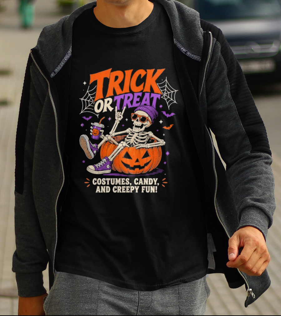 Skeleton Trick Or Treat Costumes Candy And Creepy Fun Halloween Party T-Shirt