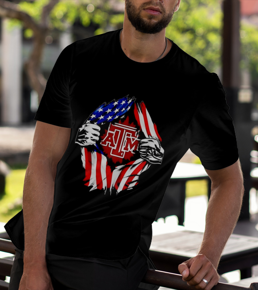 Texas A And M University Ripped Chest American Flag T-Shirt