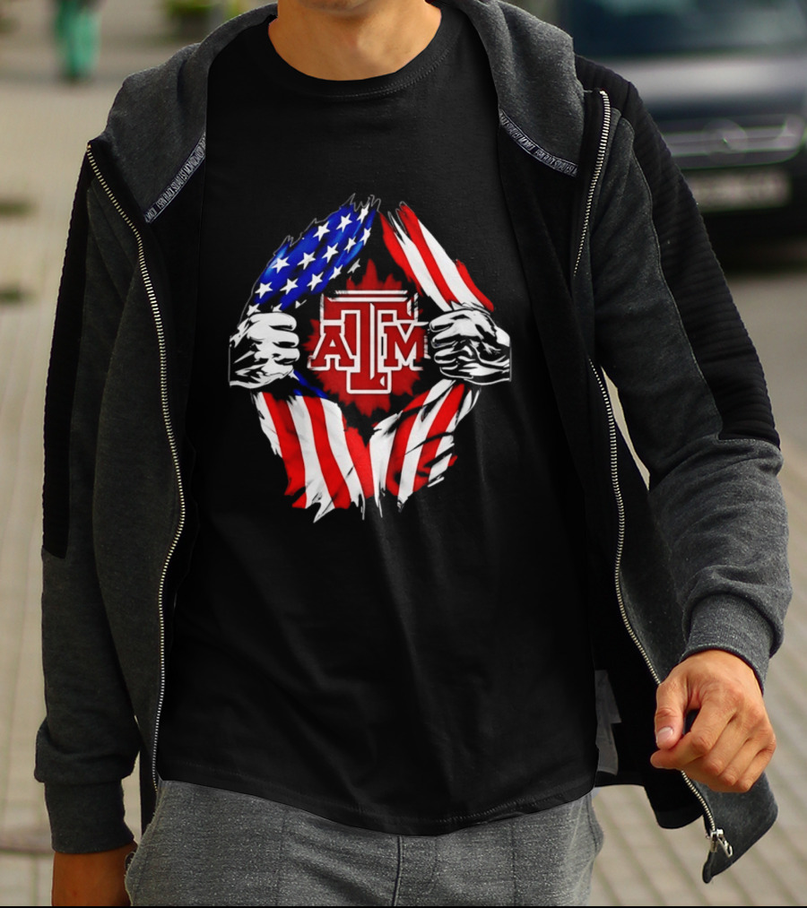 Texas A And M University Ripped Chest American Flag T-Shirt