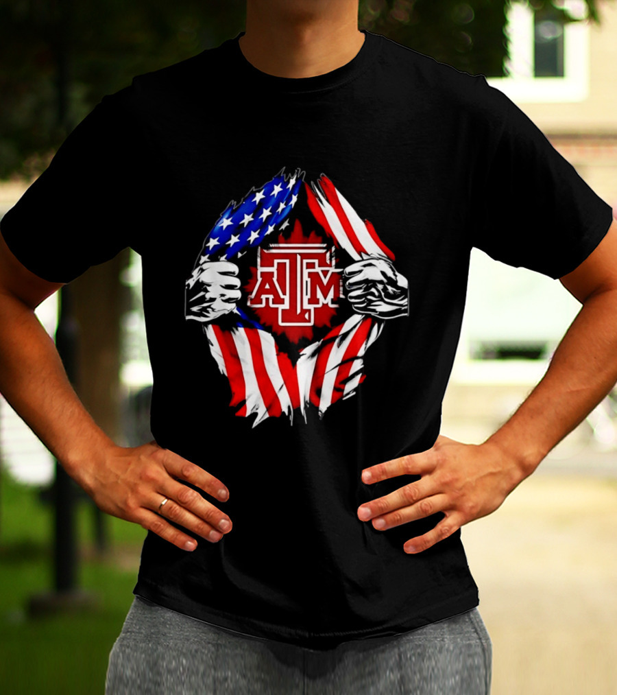 Texas A And M University Ripped Chest American Flag T-Shirt