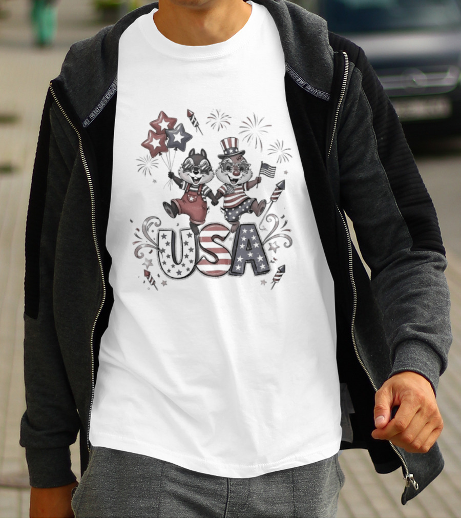 Chip And Dale USA Patriotic Fireworks Stars And Stripes Fourth Of July T-Shirt